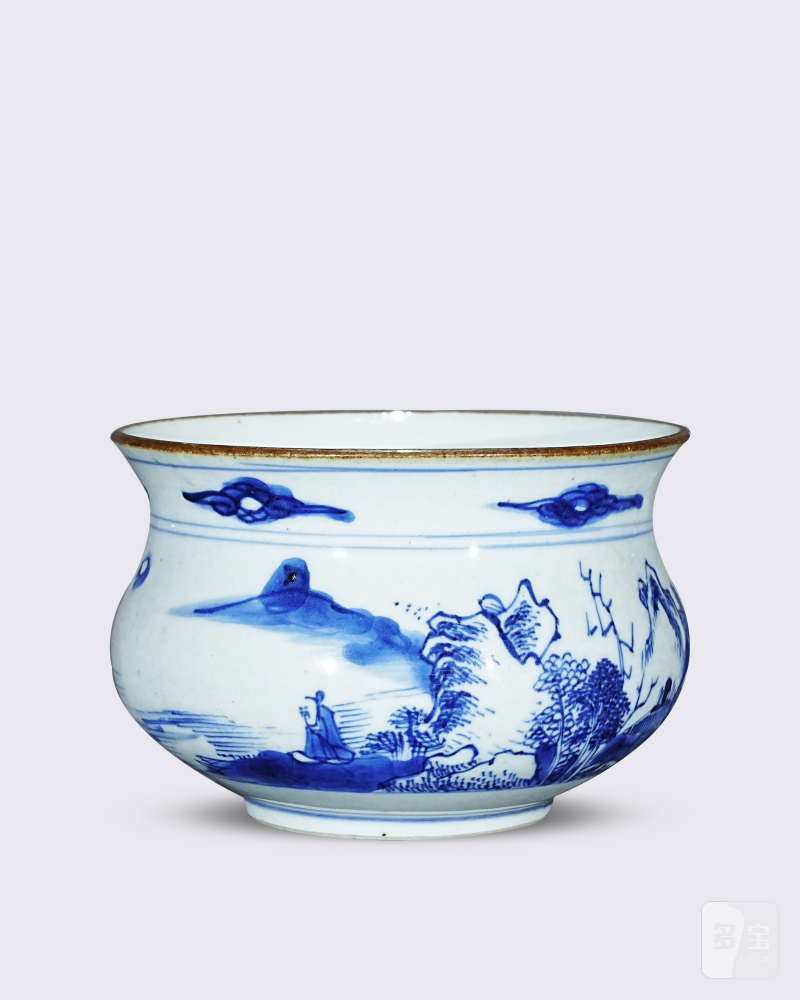 清早期 青花山水人物纹香炉 - 图1